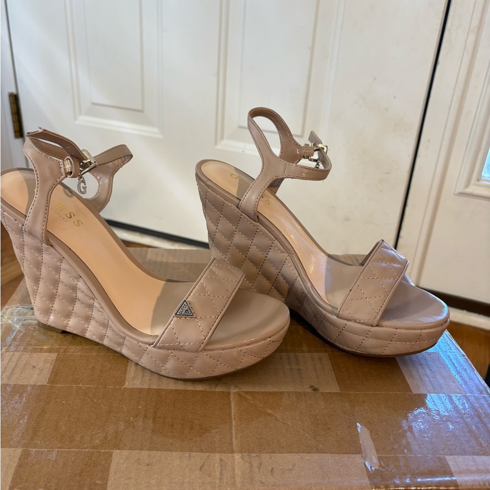 Guess Quilted Nude Wedge Sandals - Picture 2 of 8